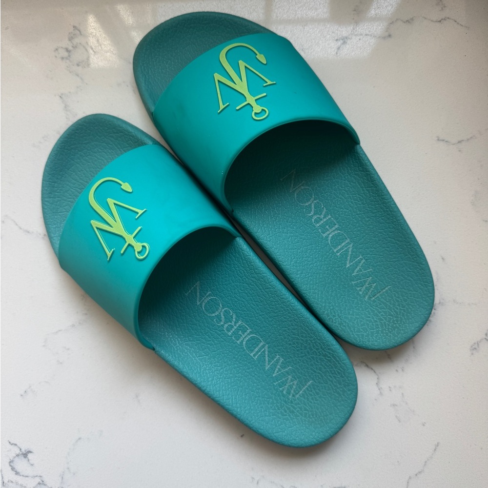 JW ANDERSON Teal Slide Sandals with Lime Logo
